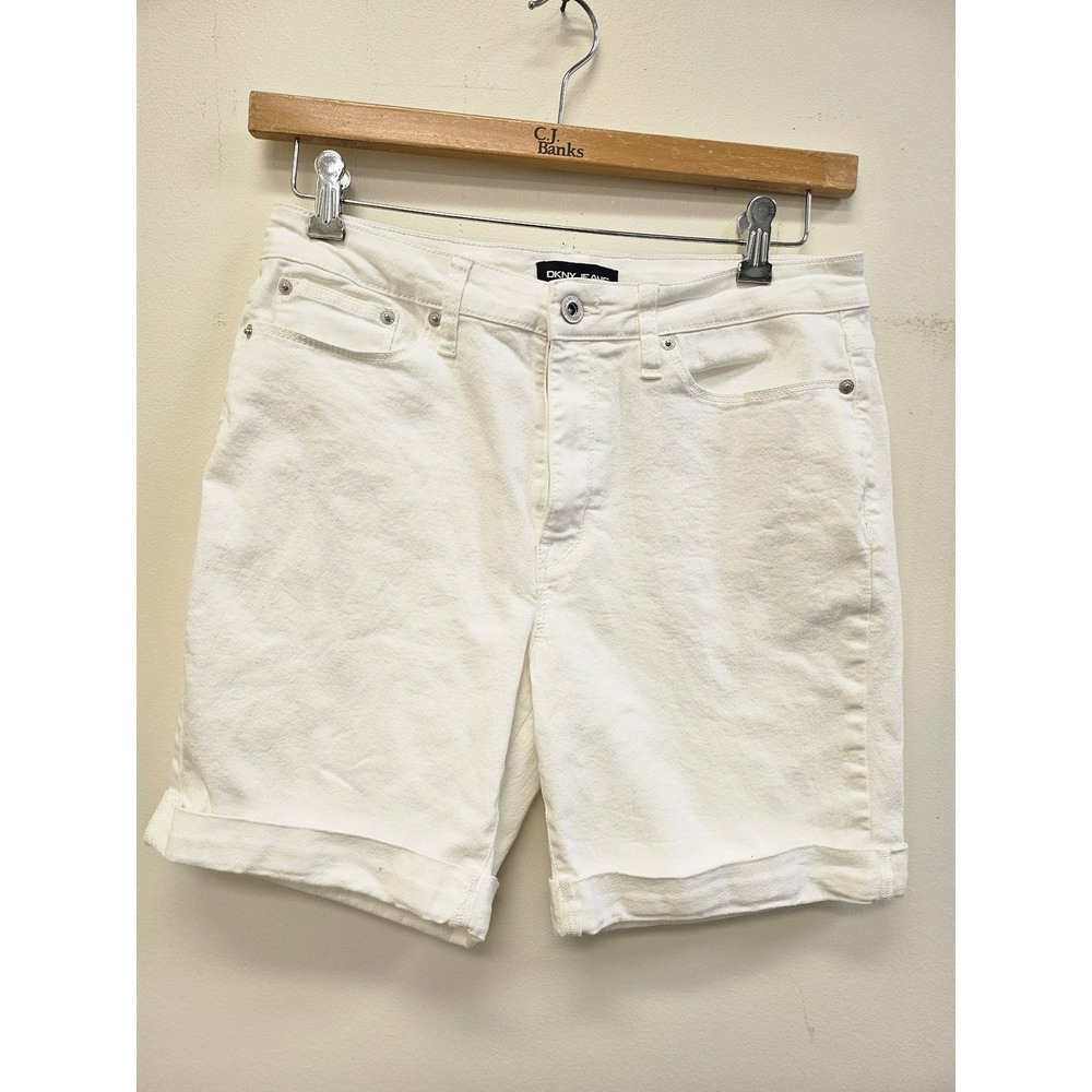 DKNY Jeans Womens White Denim Bermuda Shorts Cuffed Size 8 Stretch Summer Casual